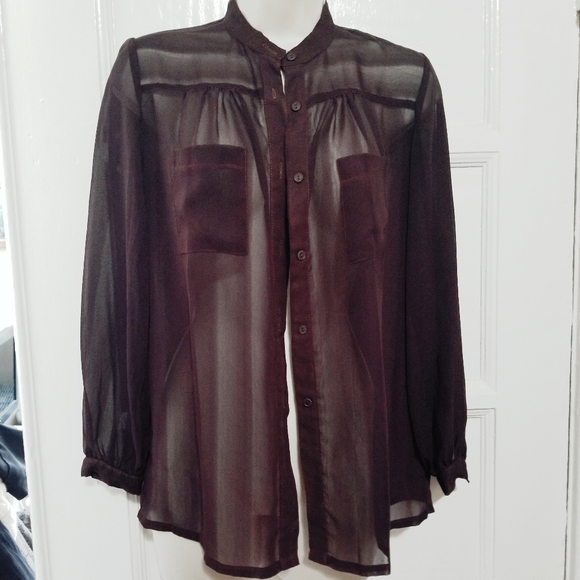 Vintage Tops - 90s Sheer Deep Burgundy Blouse